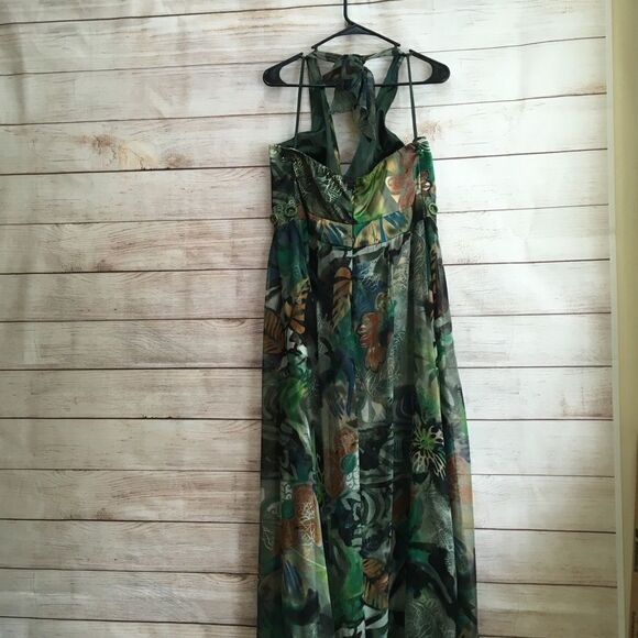 MIDNIGHT VELVET 100% SILK MAXI DRESS IN TROPICAL PRINT - Picture 7 of 12